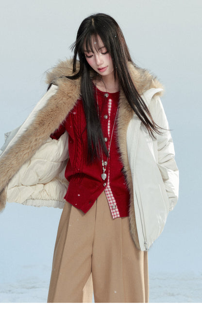 Plaid-Detail Cable Knit Cardigan