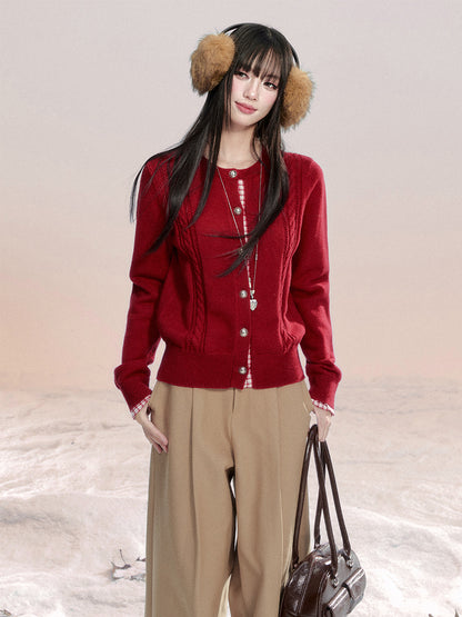 Plaid-Detail Cable Knit Cardigan