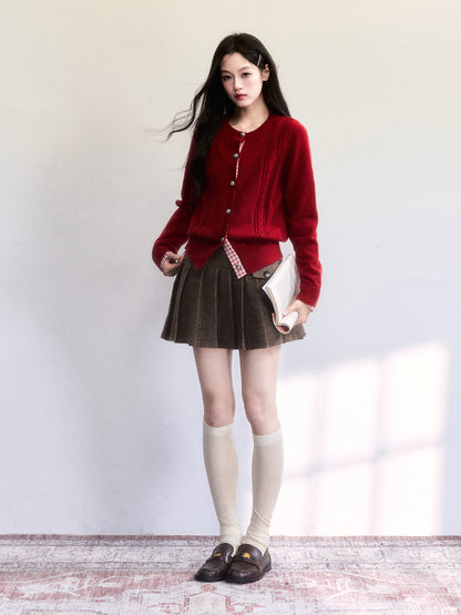 Plaid-Detail Cable Knit Cardigan