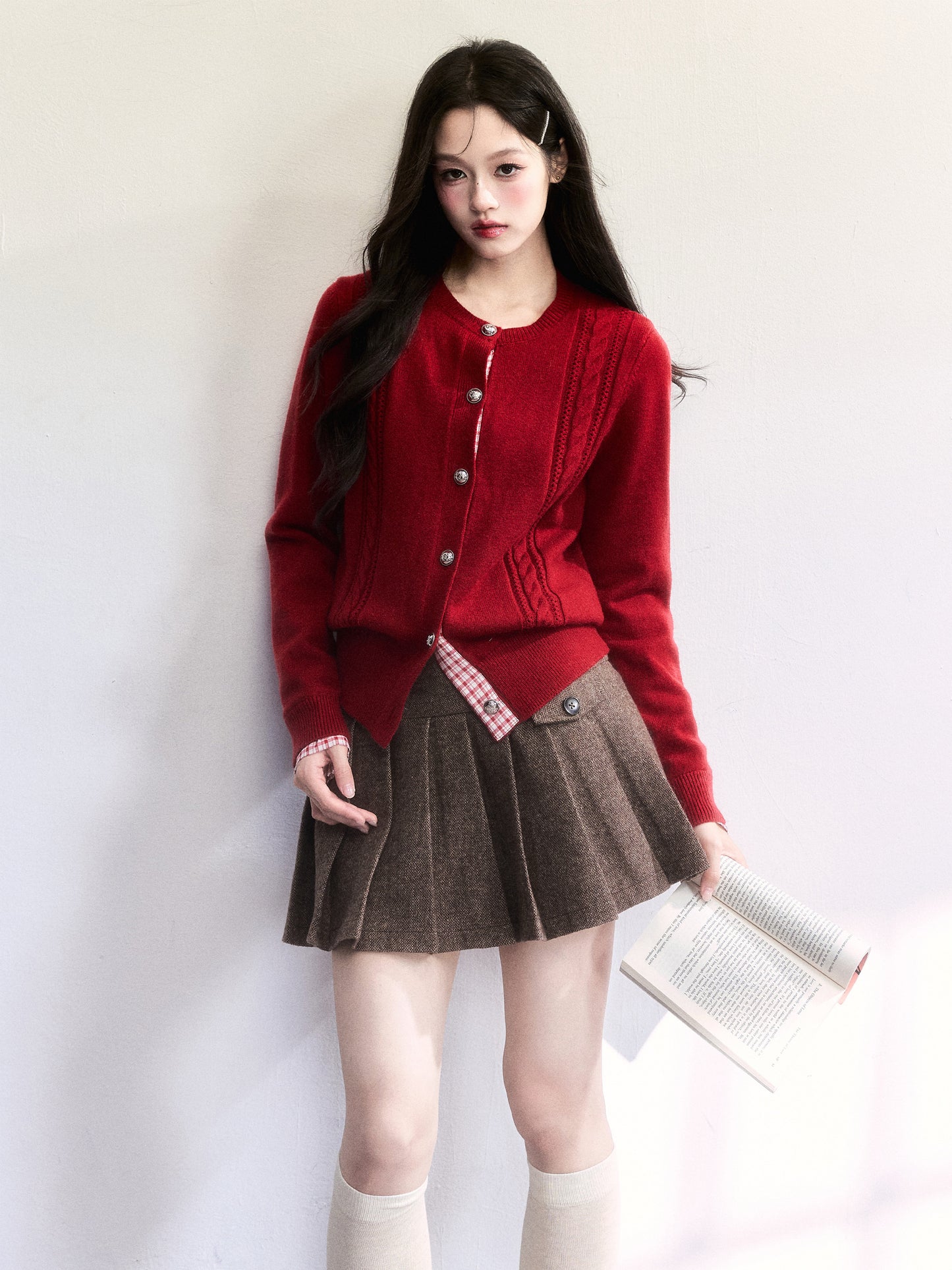 Plaid-Detail Cable Knit Cardigan