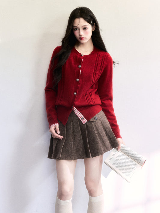 Plaid-Detail Cable Knit Cardigan