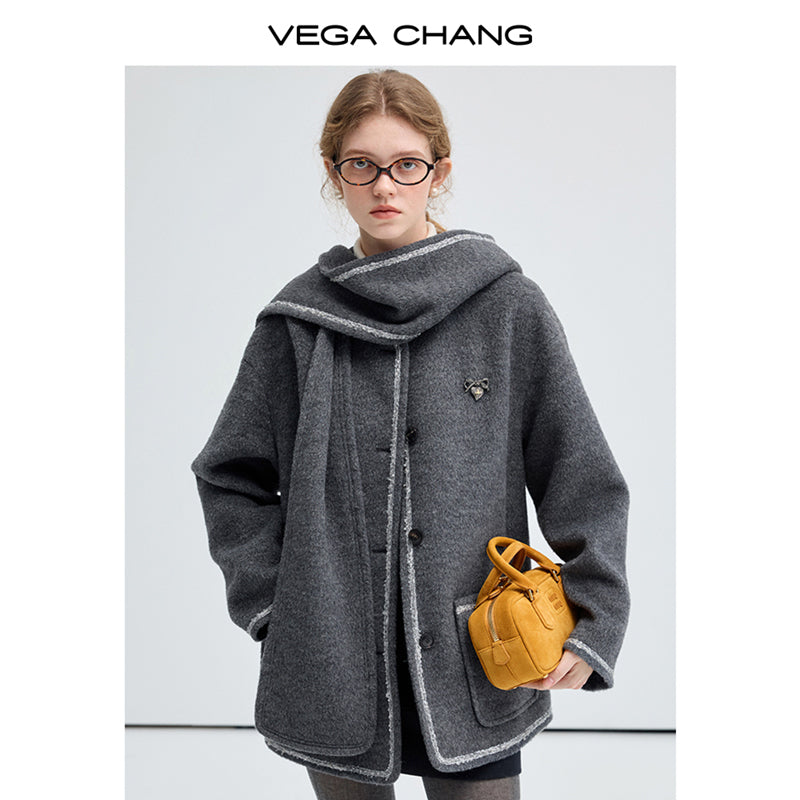 Hooded Scarf Wool Blend Collarless Short Coat