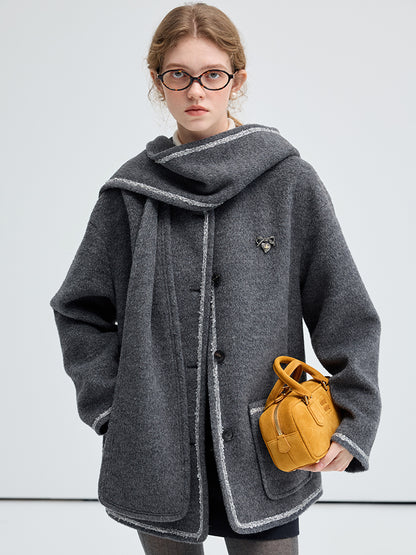 Hooded Scarf Wool Blend Collarless Short Coat