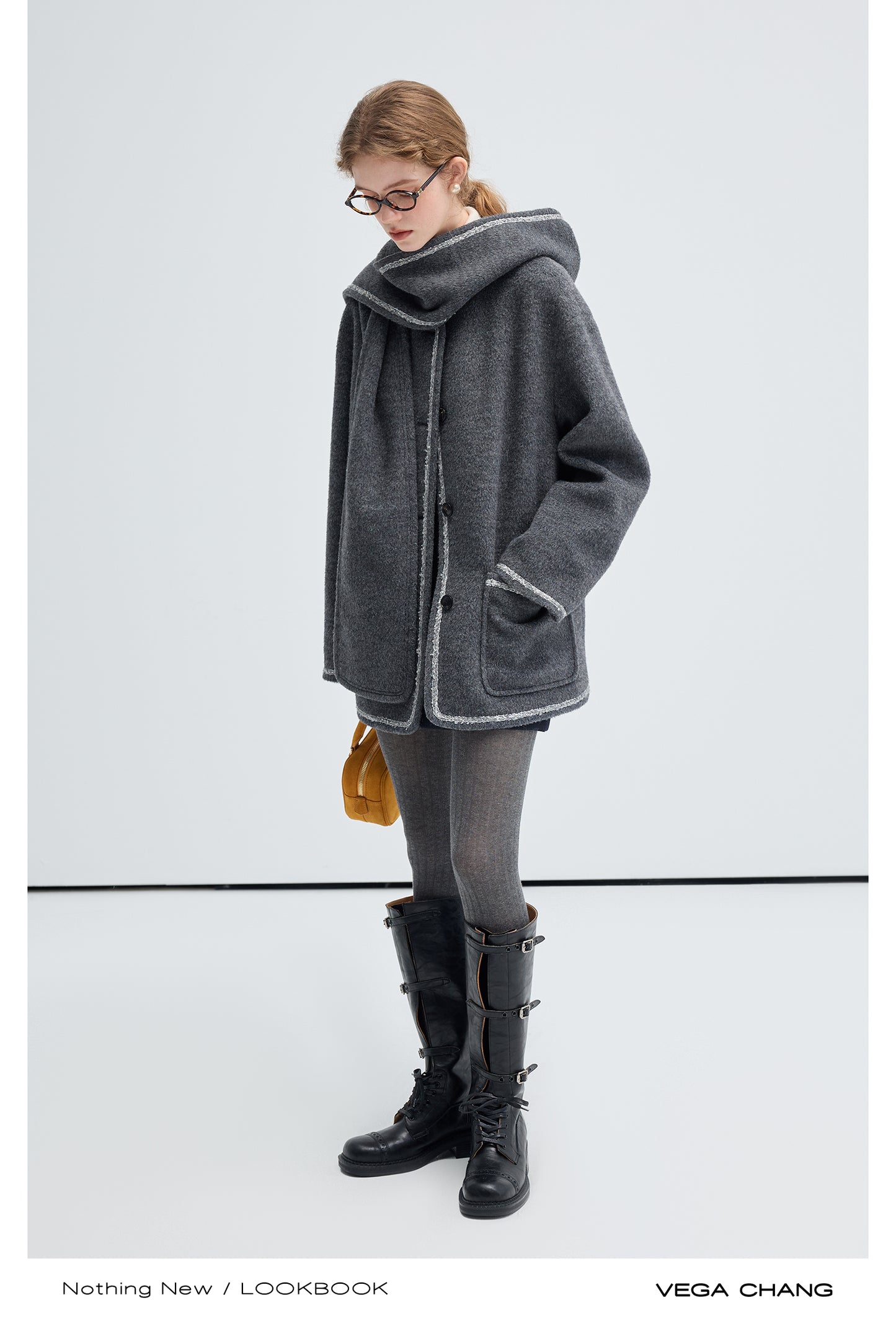 Hooded Scarf Wool Blend Collarless Short Coat