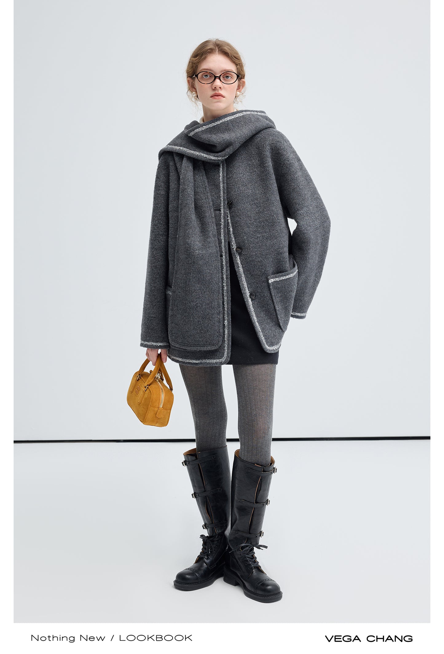 Hooded Scarf Wool Blend Collarless Short Coat