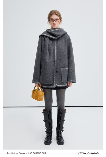 Hooded Scarf Wool Blend Collarless Short Coat