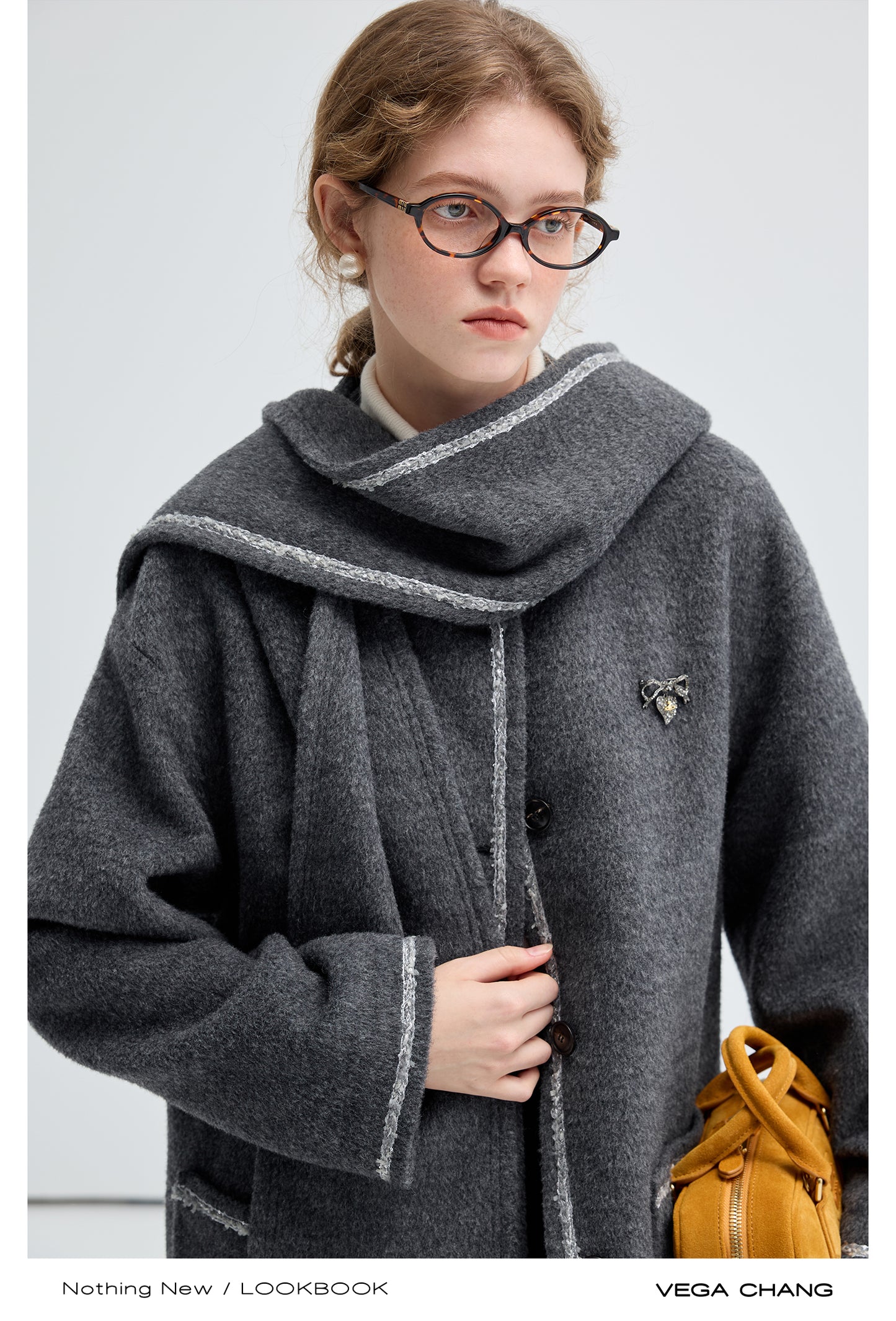 Hooded Scarf Wool Blend Collarless Short Coat