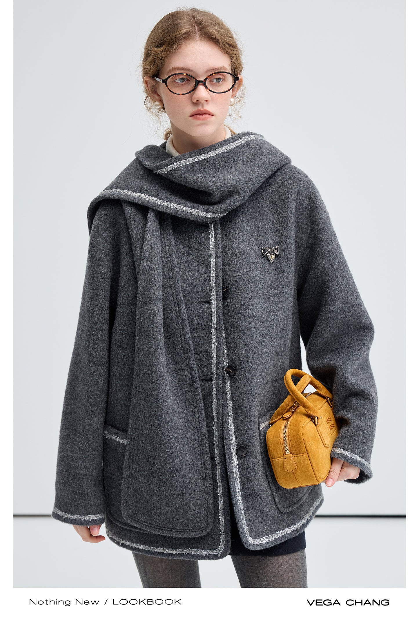 Hooded Scarf Wool Blend Collarless Short Coat