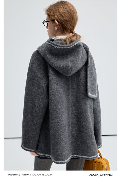 Hooded Scarf Wool Blend Collarless Short Coat