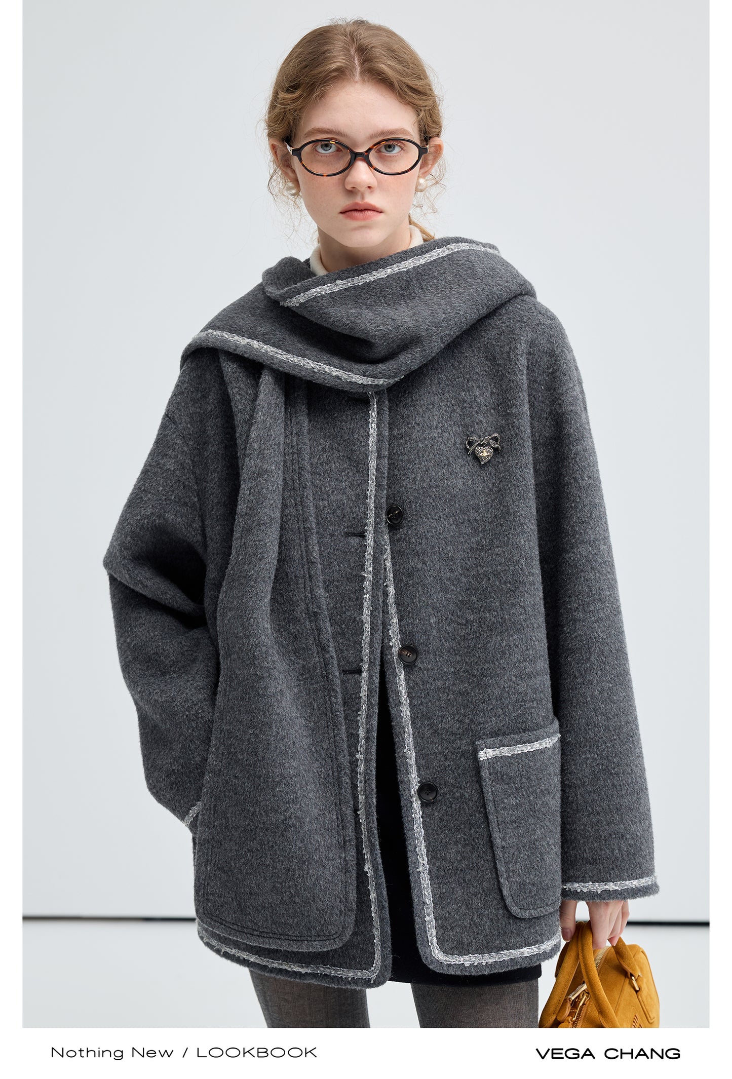 Hooded Scarf Wool Blend Collarless Short Coat