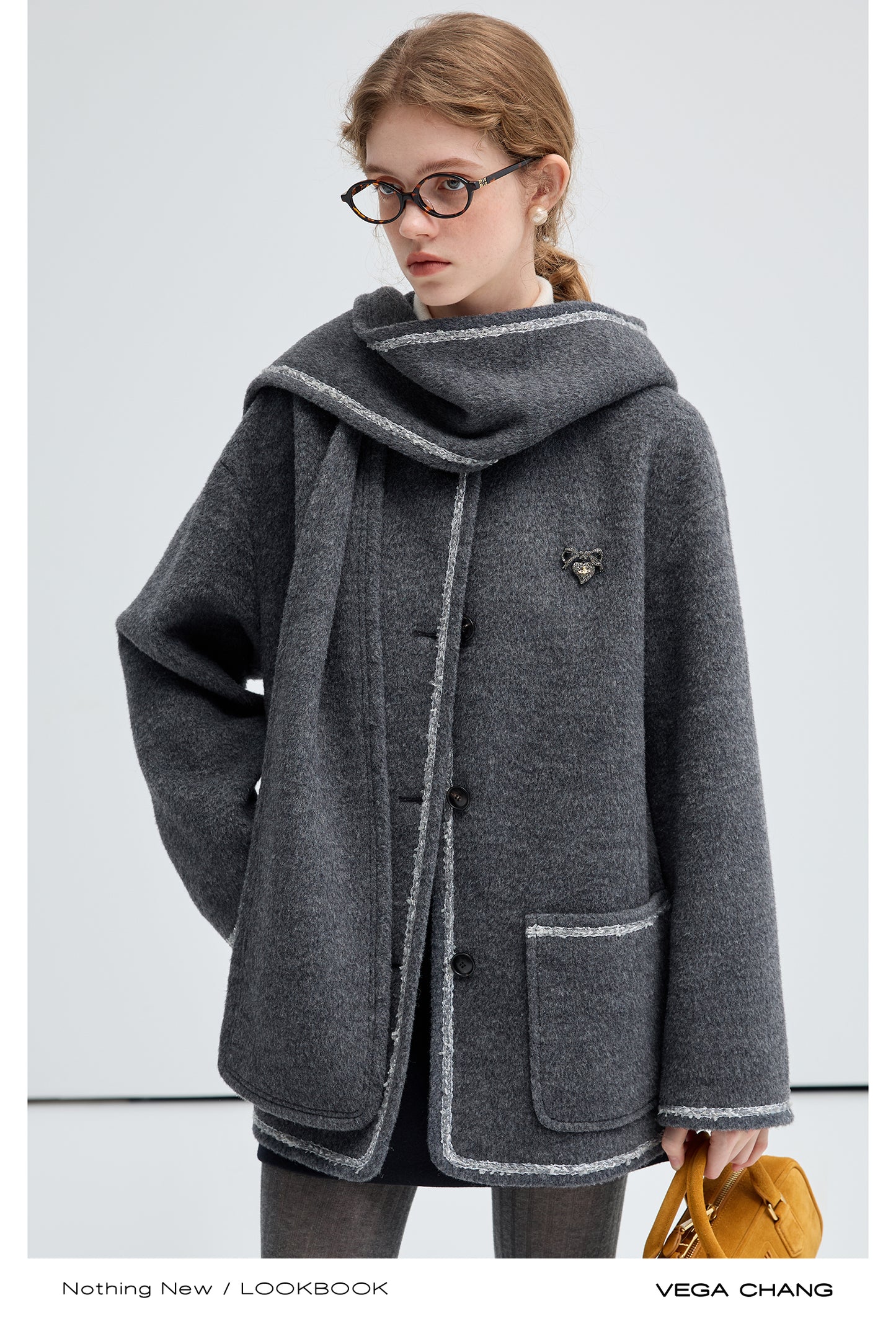 Hooded Scarf Wool Blend Collarless Short Coat