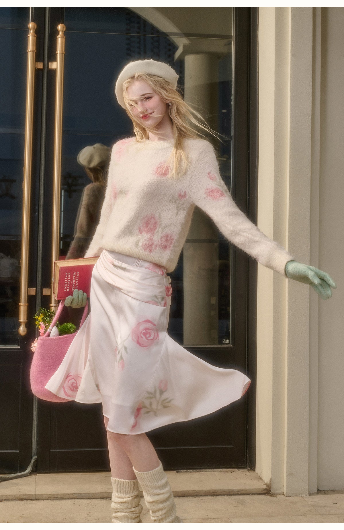 Floral Cozy Sweater & Draped A-Line Skirt