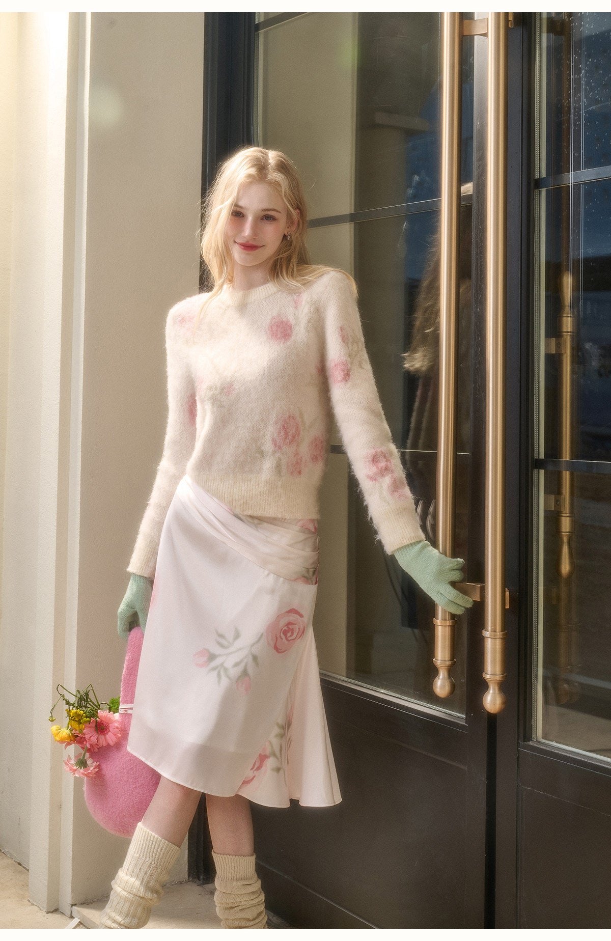 Floral Cozy Sweater & Draped A-Line Skirt