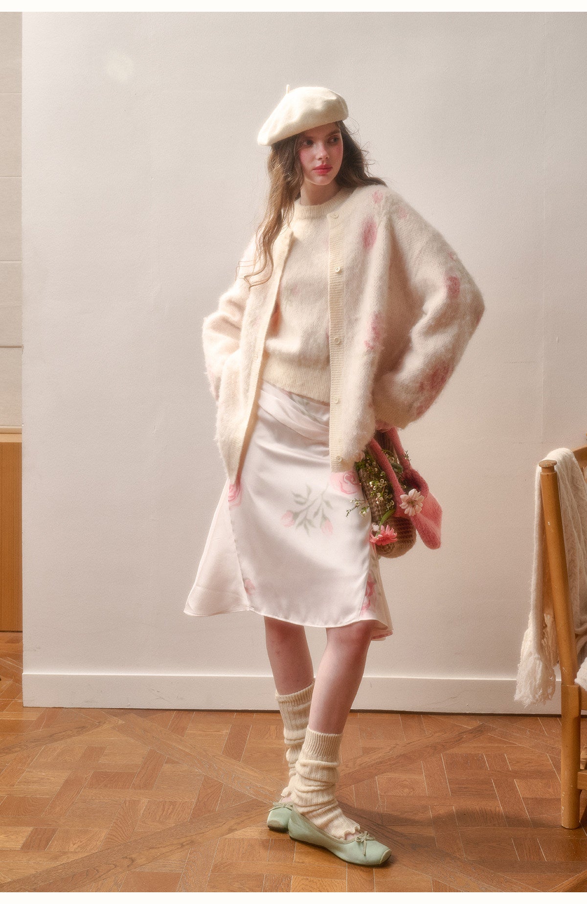 Floral Cozy Sweater & Draped A-Line Skirt