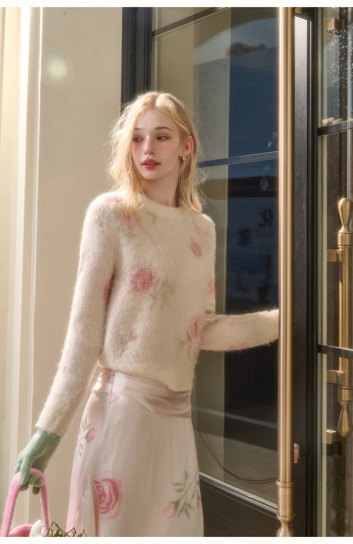 Floral Cozy Sweater & Draped A-Line Skirt