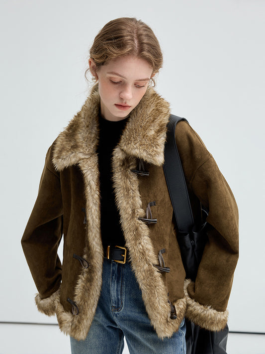 Fur Trimmed Faux Suede Short Toggle Coat