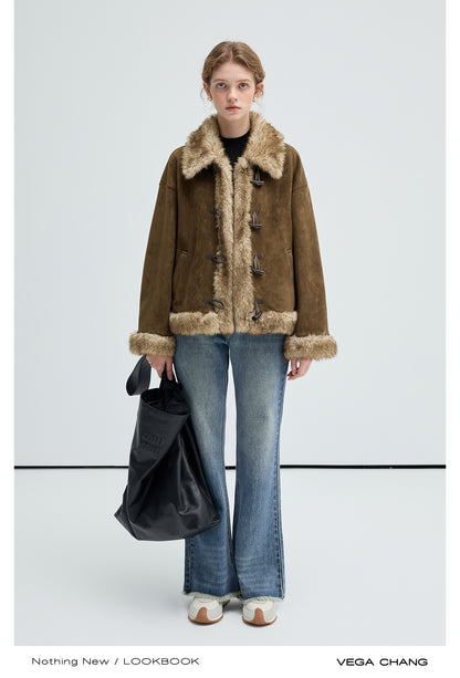 Fur Trimmed Faux Suede Short Toggle Coat