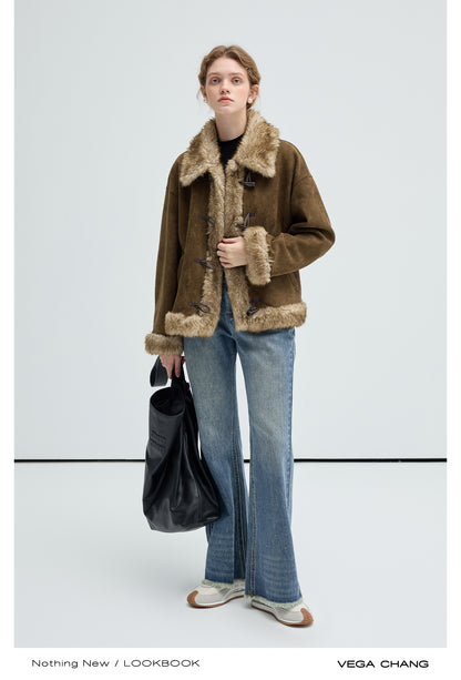 Fur Trimmed Faux Suede Short Toggle Coat