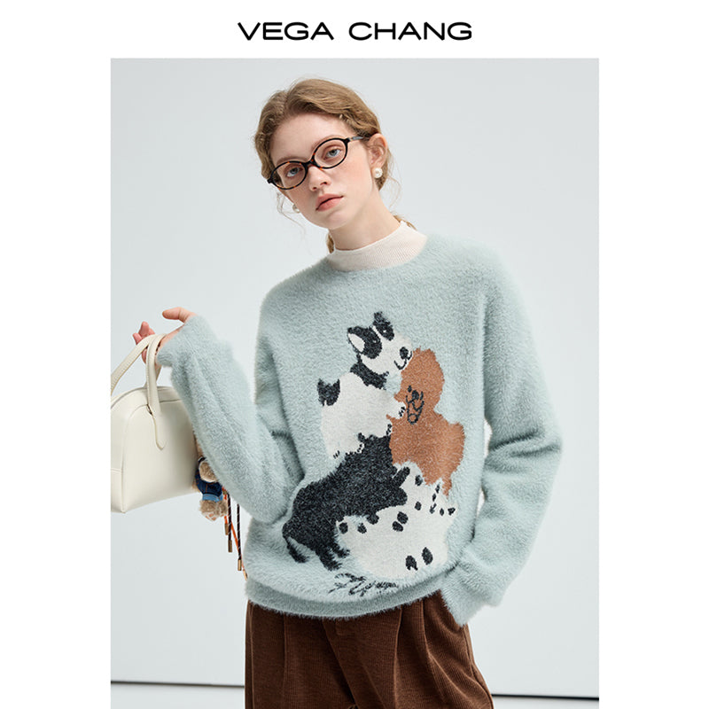 Fuzzy Pullover Sweater With Dog Motif