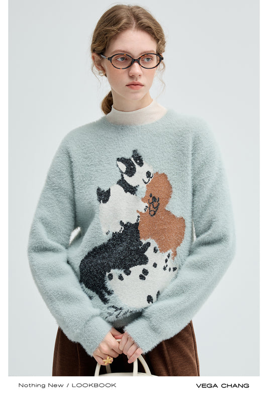 Fuzzy Pullover Sweater With Dog Motif