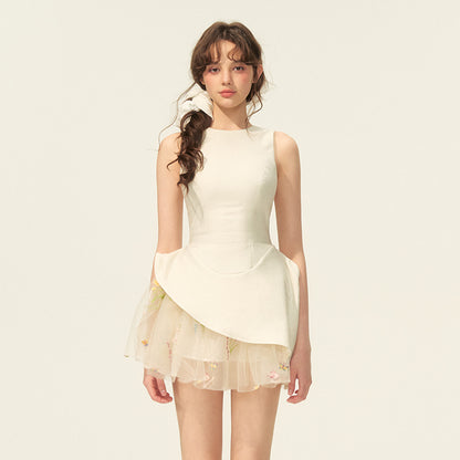 Asymmetric Sleeveless Dress With Sheer Floral Skirt