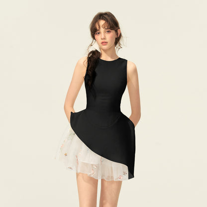 Asymmetric Sleeveless Dress With Sheer Floral Skirt