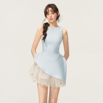 Asymmetric Sleeveless Dress With Sheer Floral Skirt