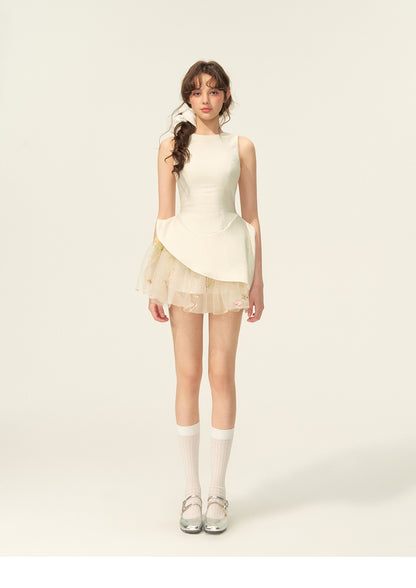 Asymmetric Sleeveless Dress With Sheer Floral Skirt