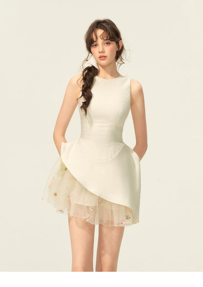 Asymmetric Sleeveless Dress With Sheer Floral Skirt
