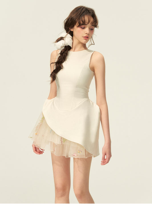 Asymmetric Sleeveless Dress With Sheer Floral Skirt