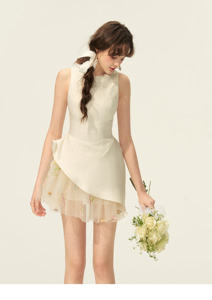Asymmetric Sleeveless Dress With Sheer Floral Skirt