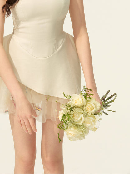 Asymmetric Sleeveless Dress With Sheer Floral Skirt