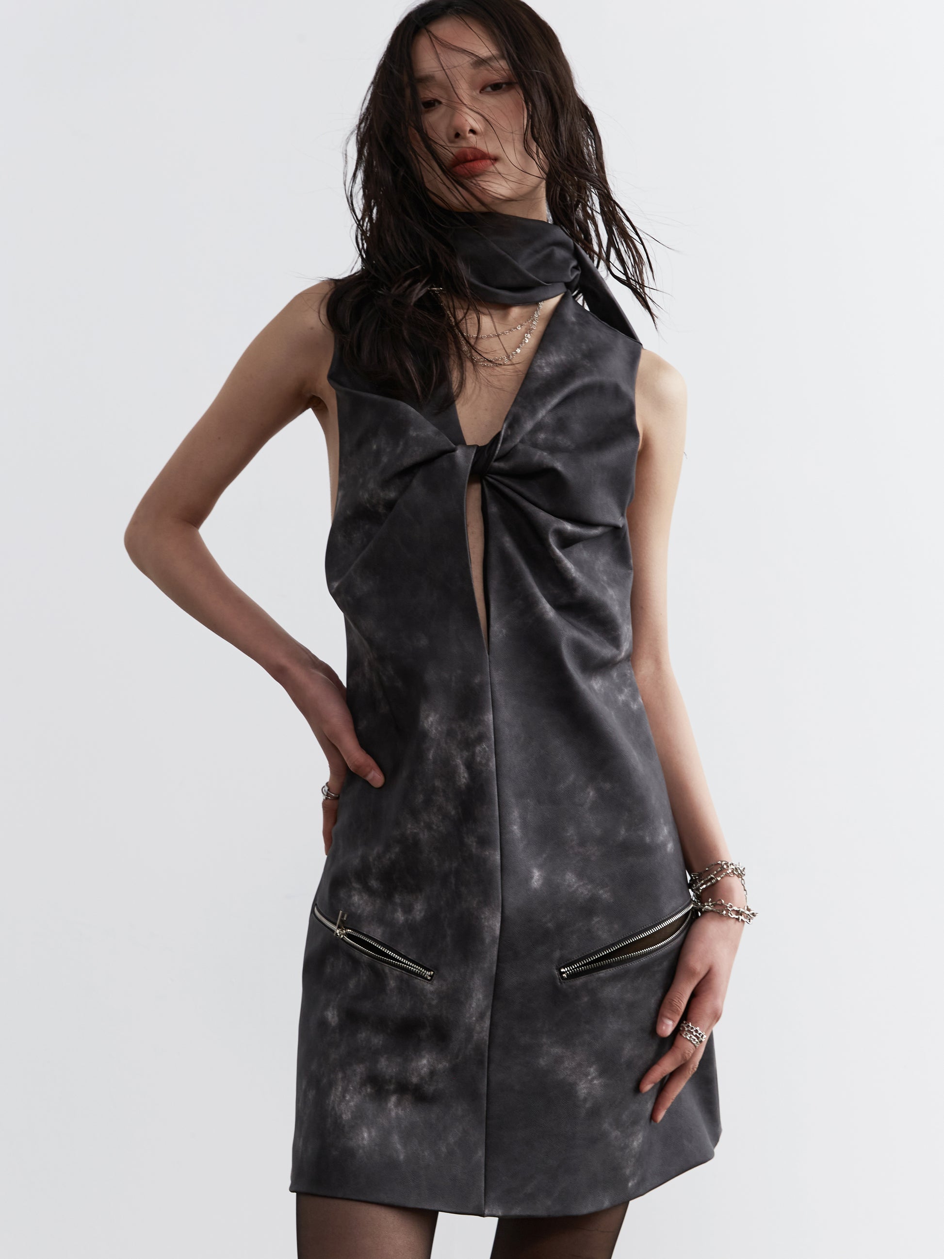 Twisted Faux Leather Dress With Zip Pockets