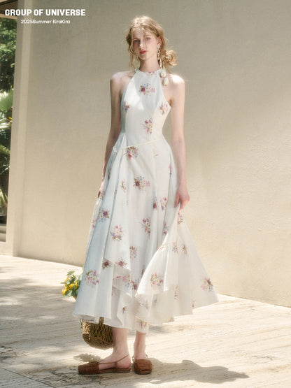 Floral Halter Dress With Asymmetric Hem