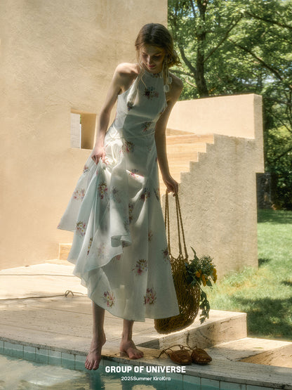 Floral Halter Dress With Asymmetric Hem