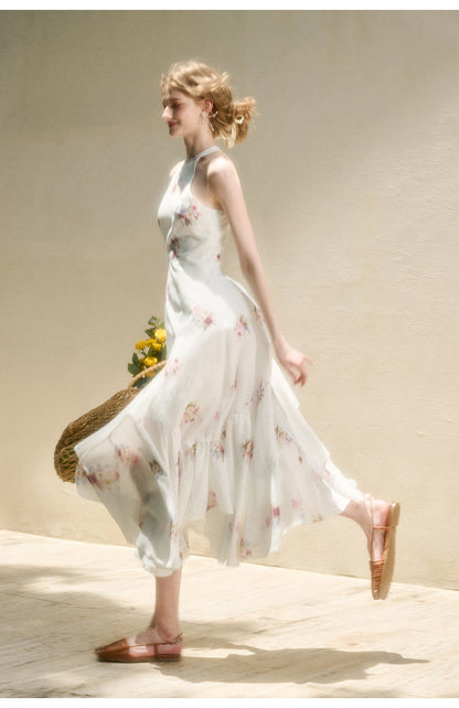 Floral Halter Dress With Asymmetric Hem