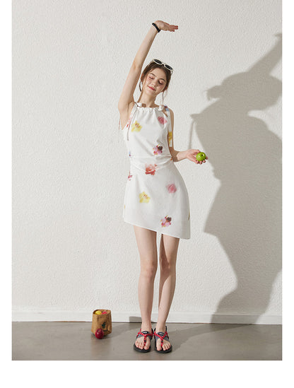 Asymmetric Blurred Floral Strappy Cotton Dress