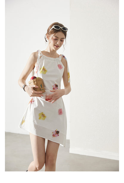 Asymmetric Blurred Floral Strappy Cotton Dress