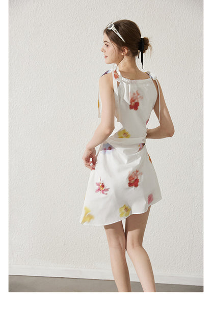 Asymmetric Blurred Floral Strappy Cotton Dress