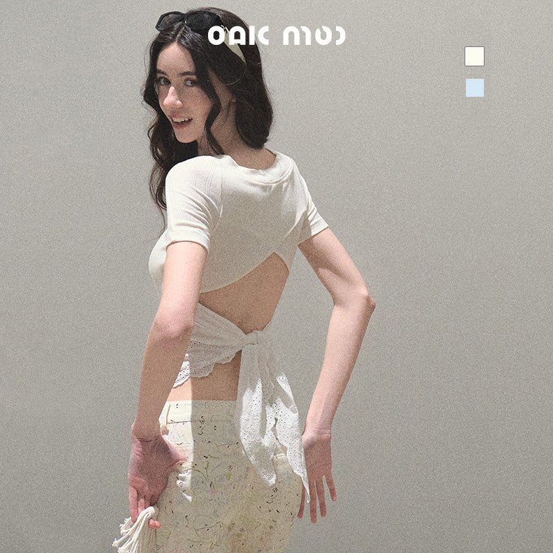 Lace Tie Ribbon Open Back Fitted T-Shirt