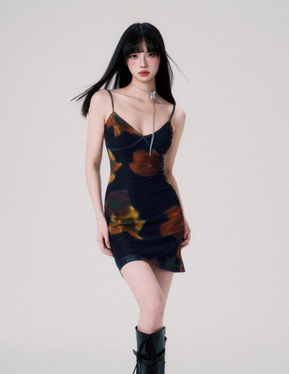 Cinematic Flower Print Mesh Cami Dress In Two Lengths