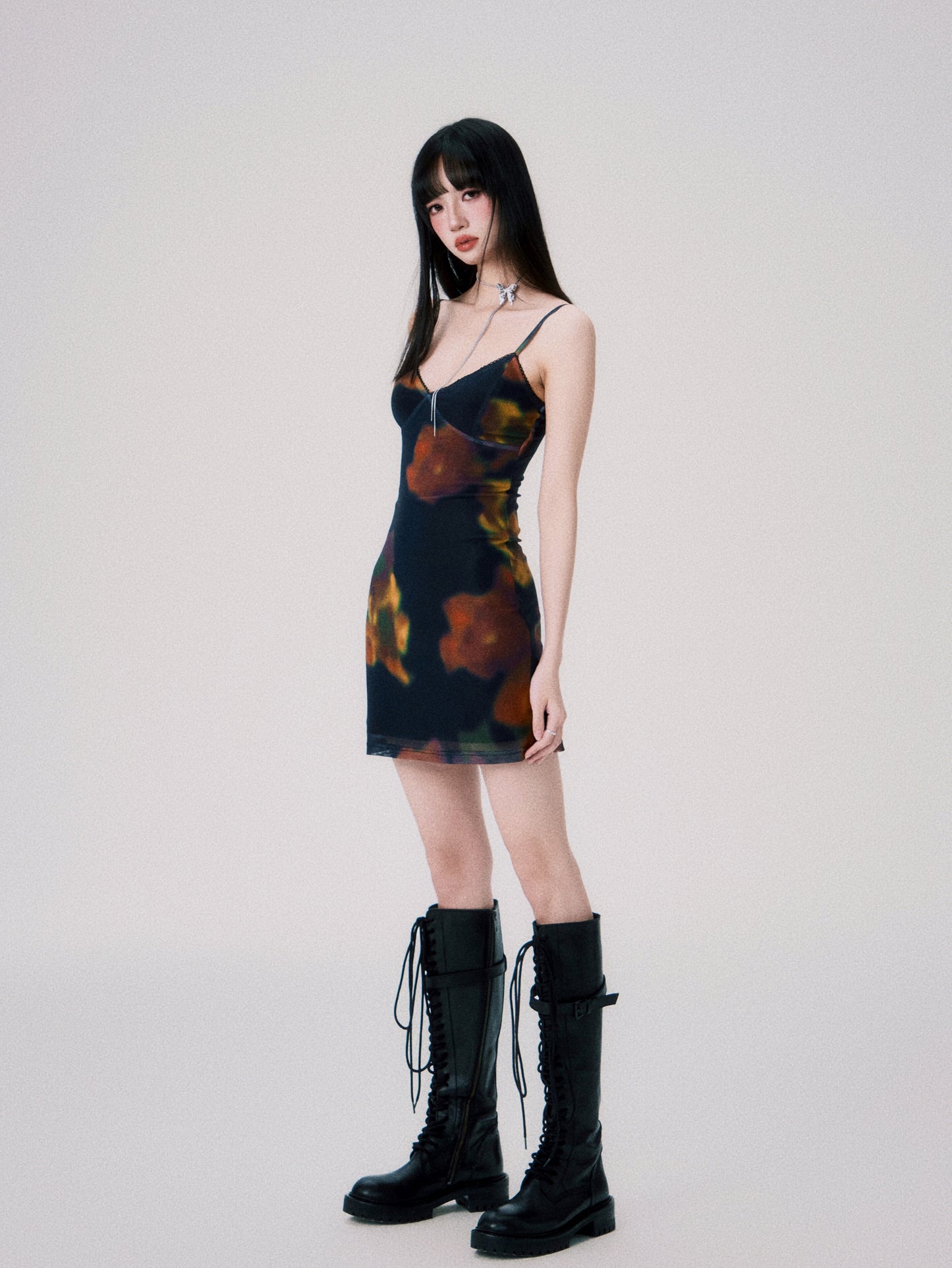 Cinematic Flower Print Mesh Cami Dress In Two Lengths