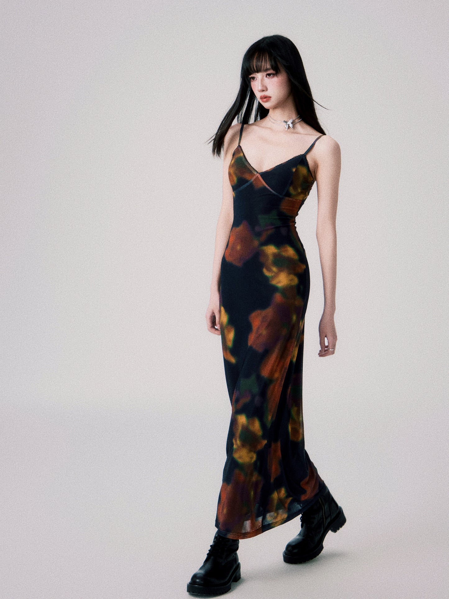 Cinematic Flower Print Mesh Cami Dress In Two Lengths