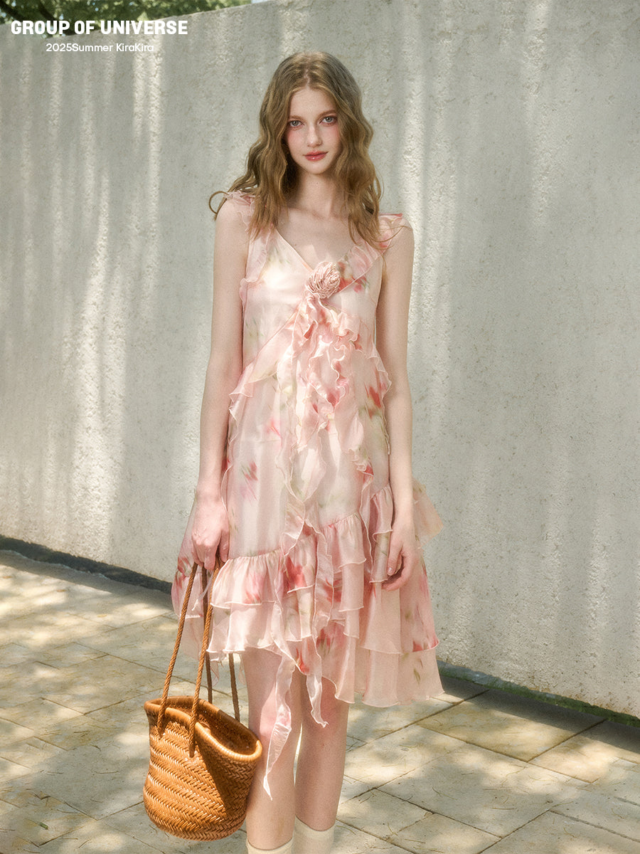 Asymmetric Rosy Translucent Dress