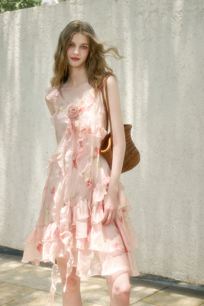 Asymmetric Rosy Translucent Dress