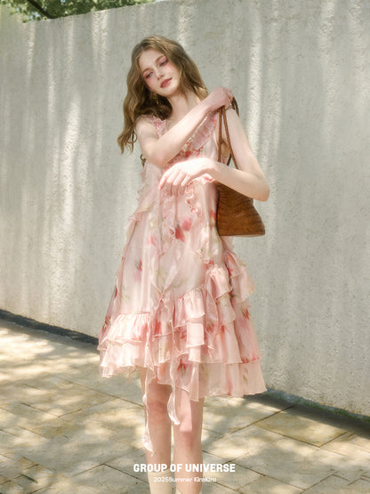 Asymmetric Rosy Translucent Dress