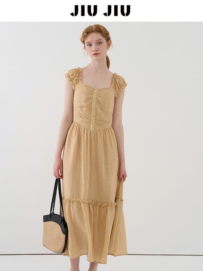 Textured Cap Sleeve Long Dress