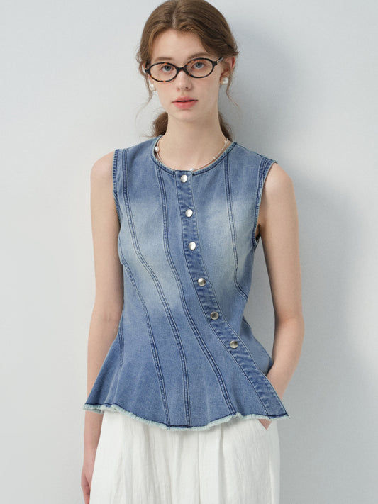 Multi-Seam Asymmetric Denim Top