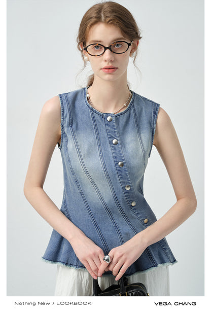 Multi-Seam Asymmetric Denim Top