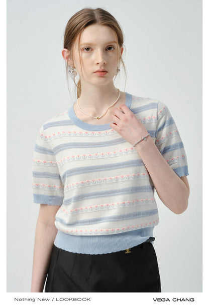 Scalloped Edge Floral Jacquard Knit Top